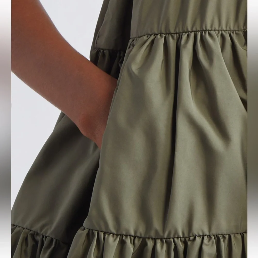 New Cecilie Bahnsen Aino Tiered Recycled Faille Minidress in Olive Green Size 4